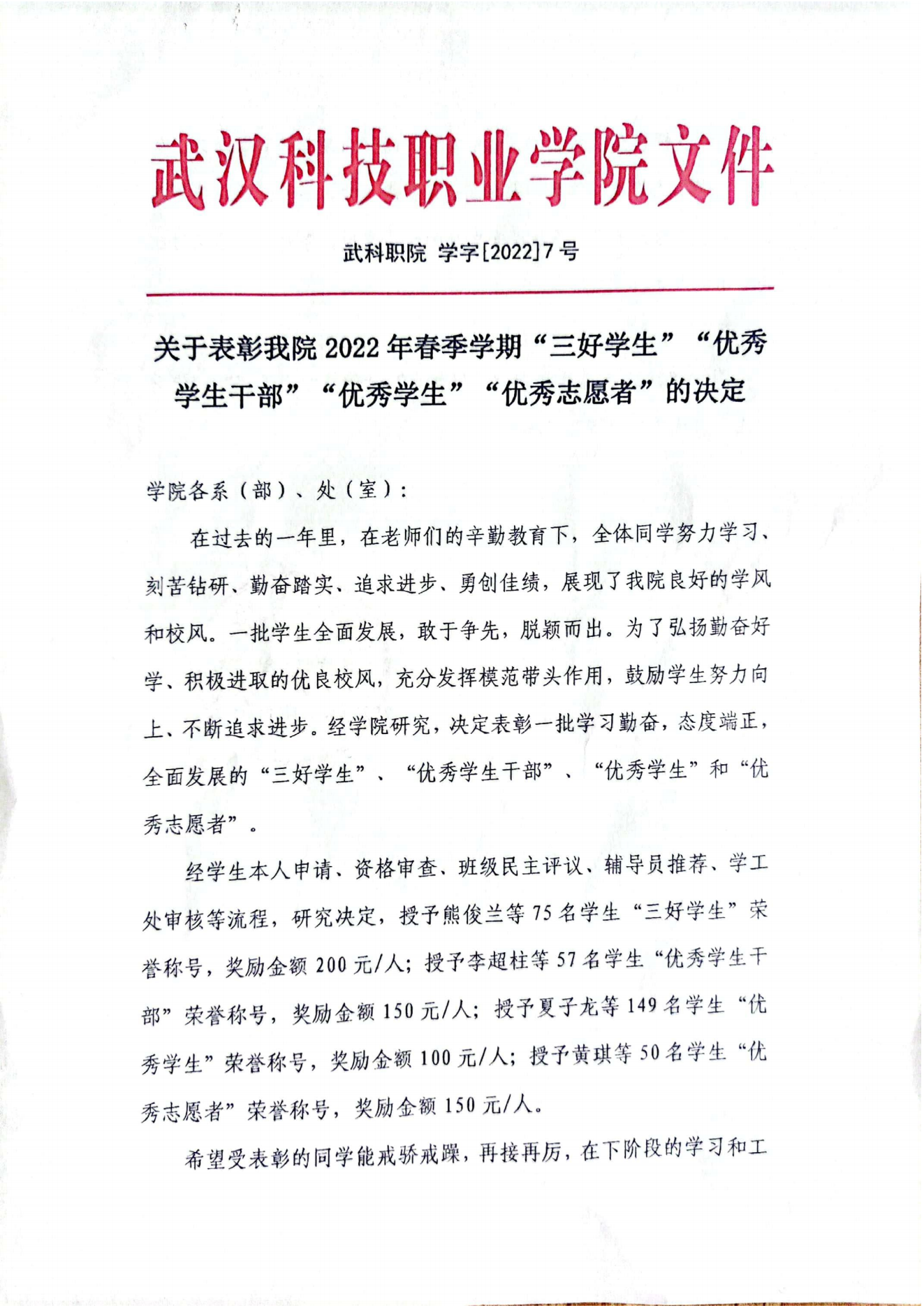 关于表彰世界杯官网2022年春季学期“三好学生”“优秀学生干部”“优秀学生”“优秀志愿者”的决定